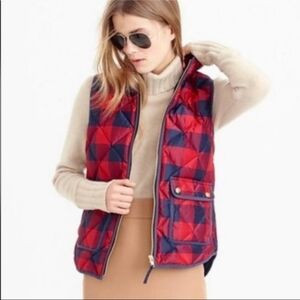 Women's J Crew Down Gingham Red Buffalo Plaid Check Puffer Preppy Vest Sz S NWOT
